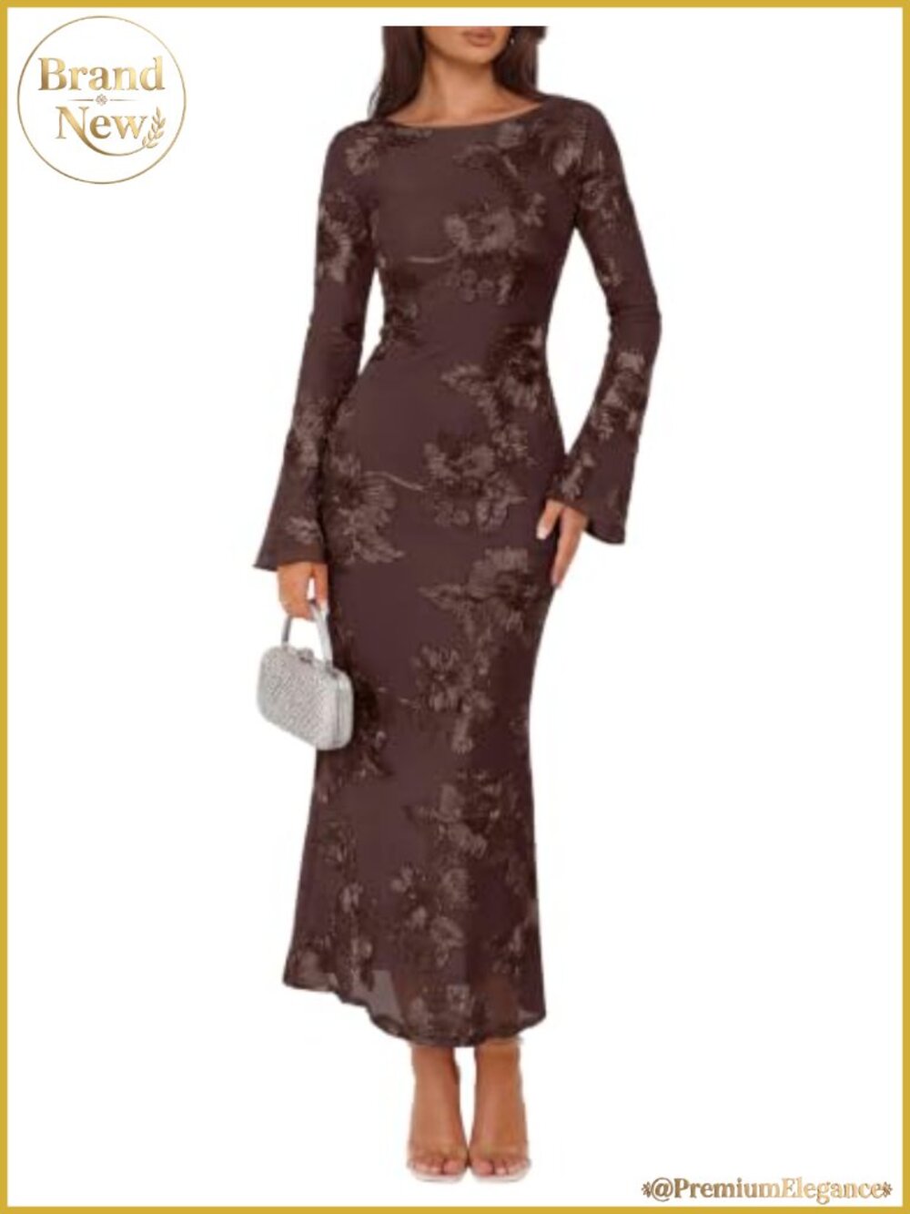 Women's Mesh Midi Dress Long Sleeve Boat Neck Mermaid Bodycon